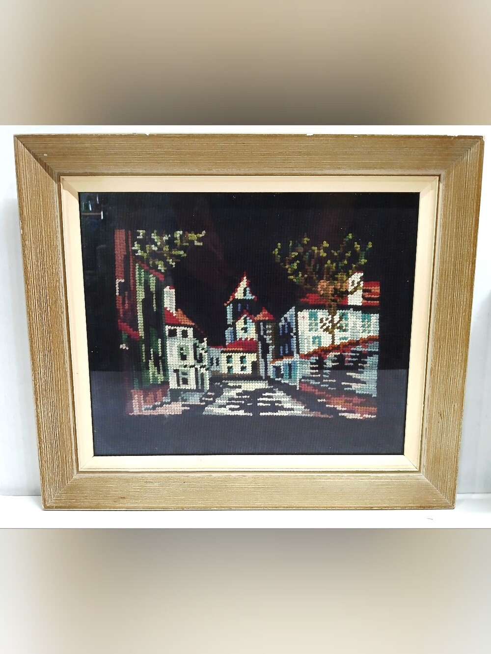 Vintage Framed Needlepoint Village Wall Art in Black and Gold